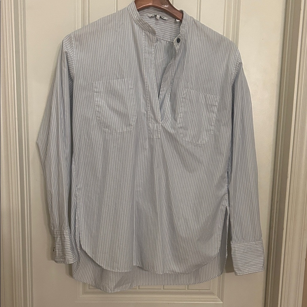 Helmut Lang Light Blue & White Striped Mandarin Collar Shirt